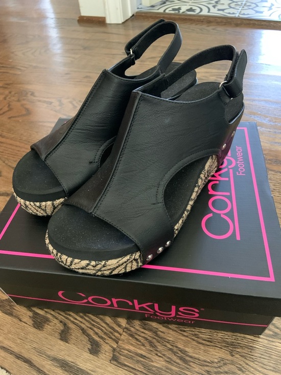 Corkys Shoes - Corkys Black Carley Open-Toe Slingback Wedge Sandals Floral Wrap Cork